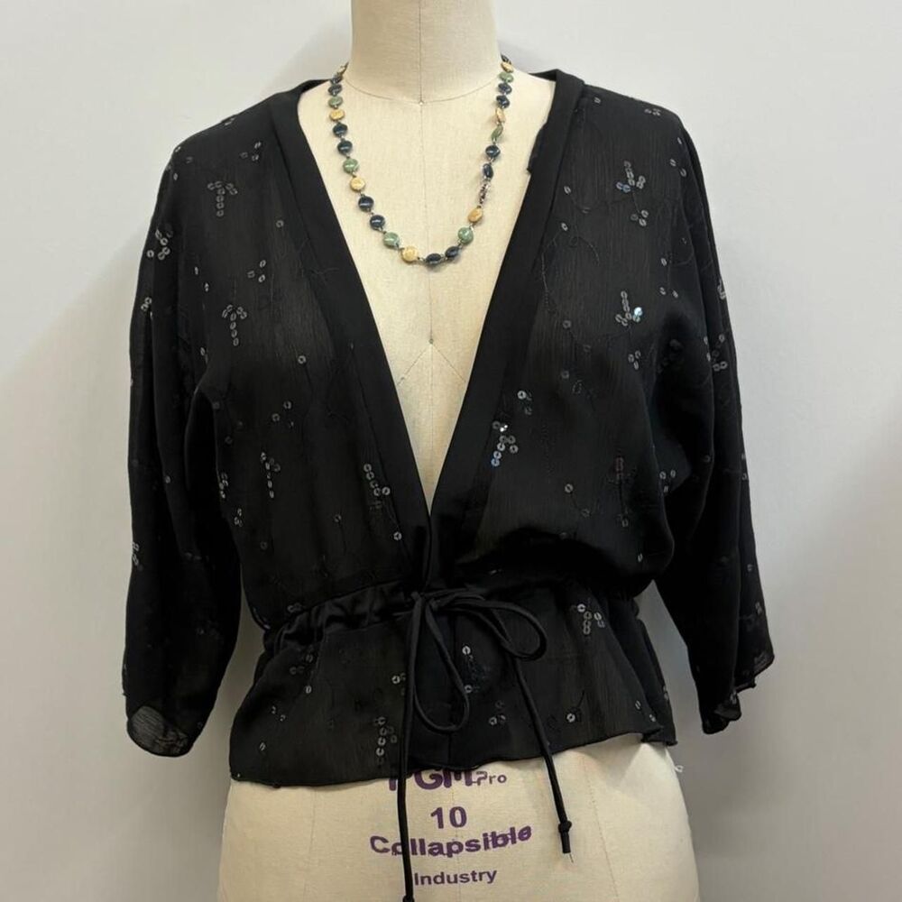 Vintage Black sequined sheer tie front blouse size medium